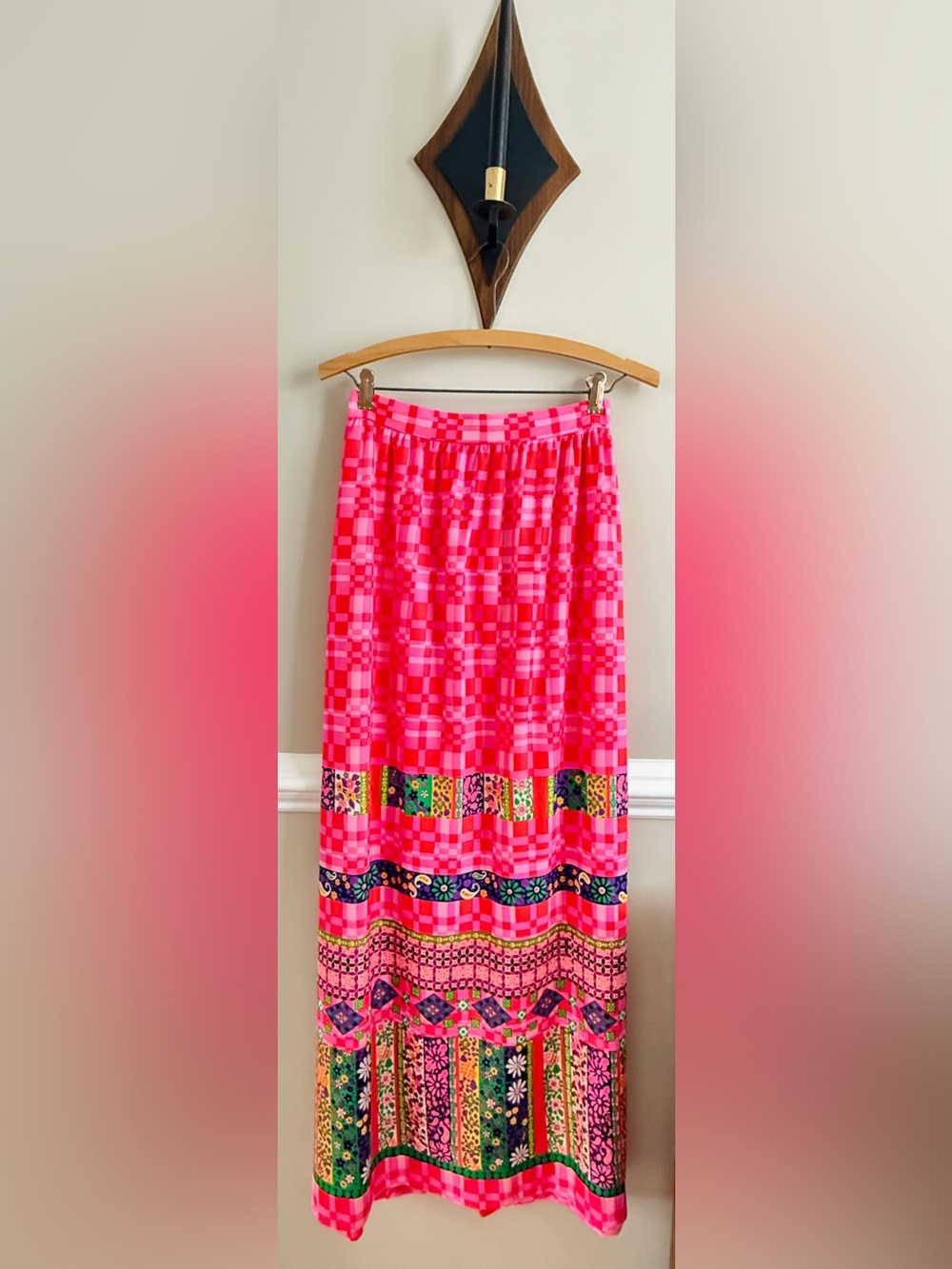 Vtg 60s-70s Vibrant Mod Daisy Paisley Checkered Maxi Skirt By Lorraine Size 12
